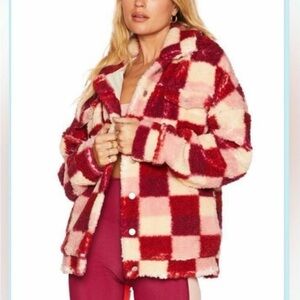 Beach Riot Red and Pink Plaid Teddy Jacket